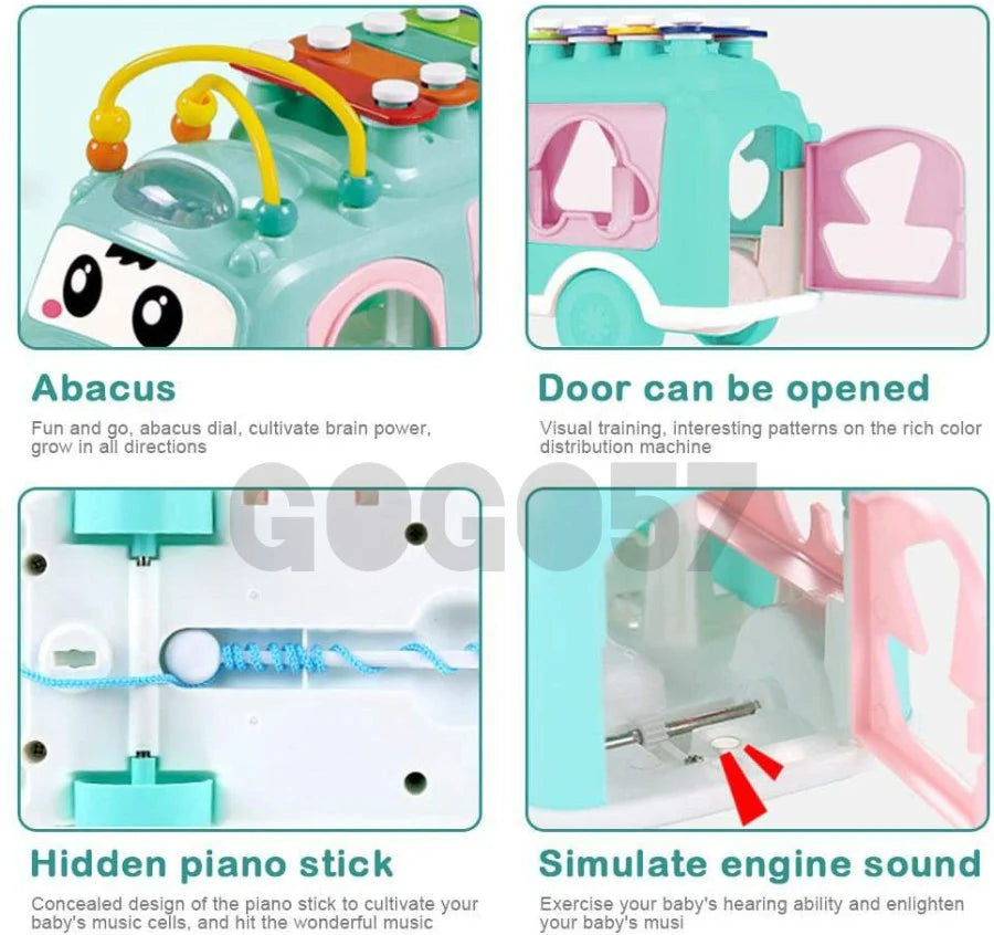 Let your little one explore the world of music and creativity with the Huanger 3-in-1 Music Xylophone Bus! Designed to entertain and educate, this multi-functional toy features a xylophone, piano keys, and shape-sorting blocks, making playtime both fun and educational.