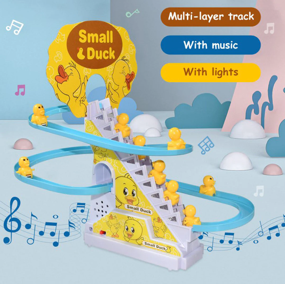 Watch your little one giggle with joy as adorable ducklings climb the stairs and slide down the track in this exciting Duck Track Toy! Designed to enhance motor skills and hand-eye coordination, this engaging playset features cheerful music, flashing lights, and nonstop racing action to keep kids entertained for hours.