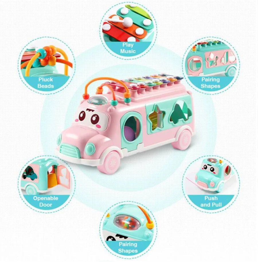 Let your little one explore the world of music and creativity with the Huanger 3-in-1 Music Xylophone Bus! Designed to entertain and educate, this multi-functional toy features a xylophone, piano keys, and shape-sorting blocks, making playtime both fun and educational.