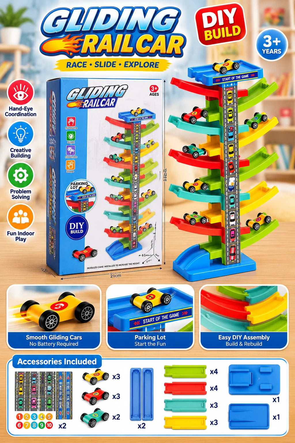 Gliding Rail Car DIY multi-level track toy set with colorful sliding ramps, toy cars and parking platform for kids aged 3 years and above