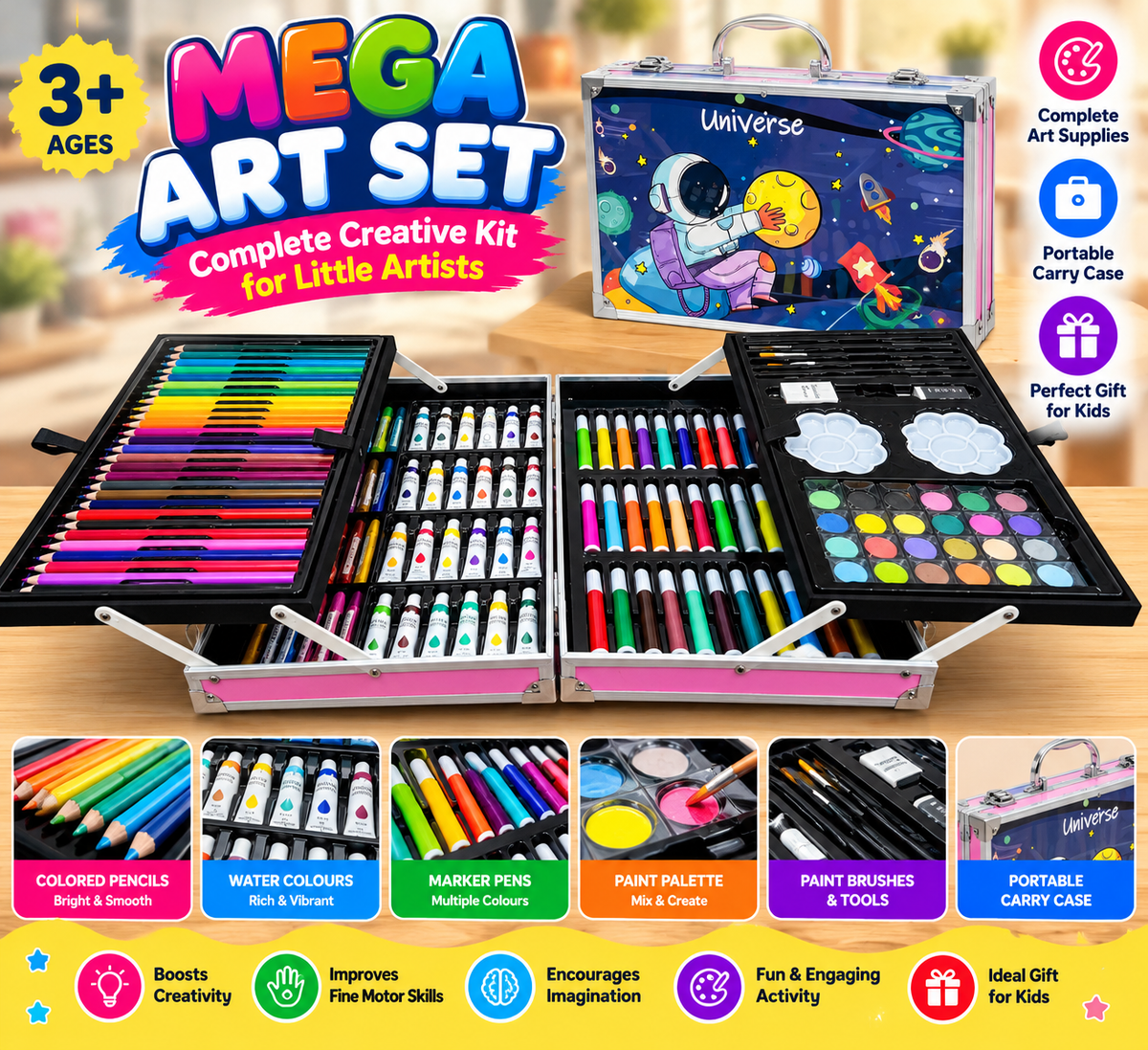 Kids mega art set in an astronaut universe carry case with colored pencils, markers, paint tubes, watercolor palette and art accessories