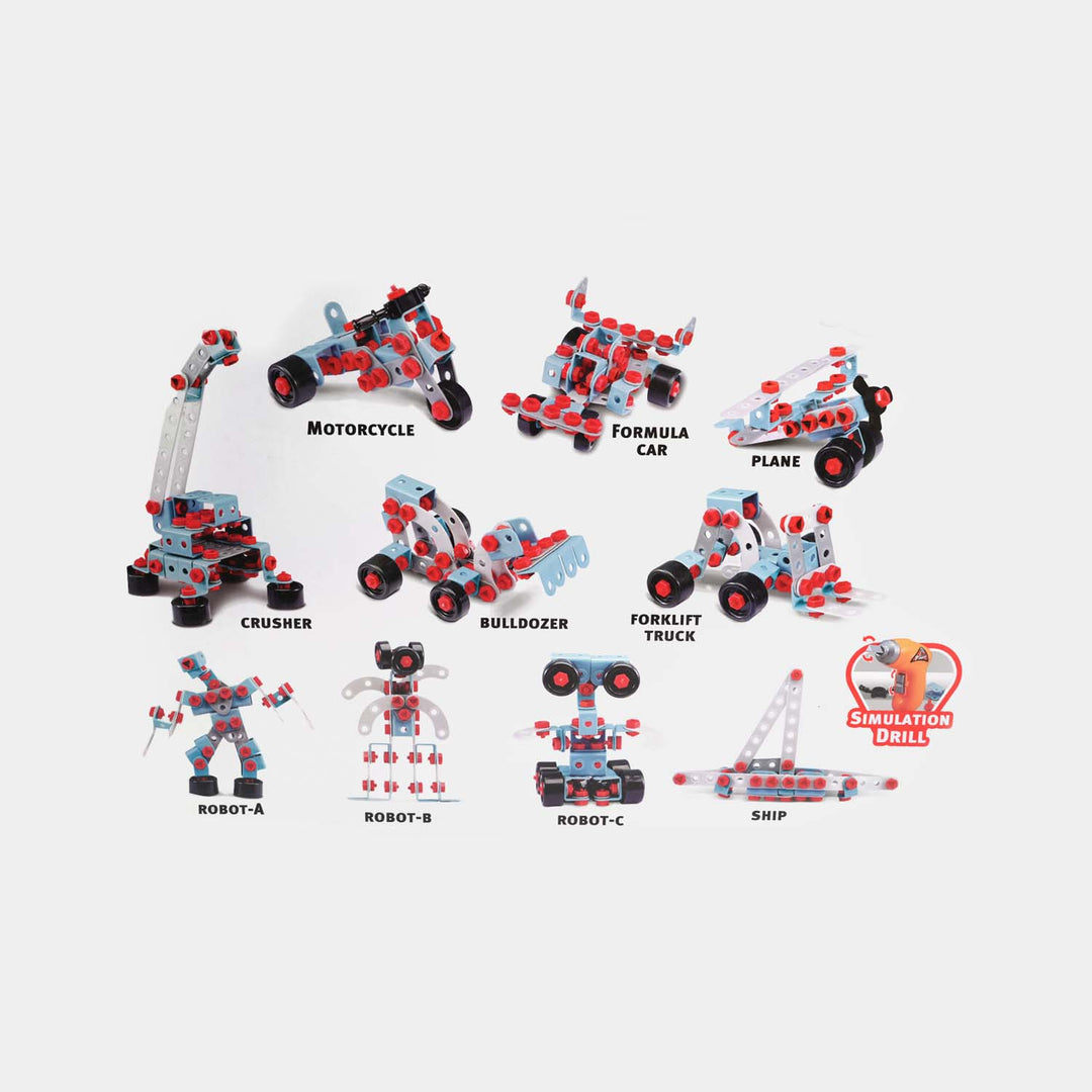 DIY Junior Mechanic Tool Kit Blocks with Simulation Drill - 10 in 1 Models Create More Shapes with 286 Blocks Screw.