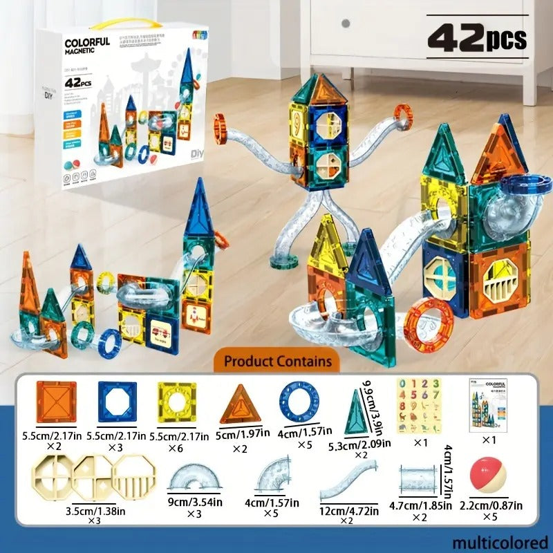 42-Piece Magnetic tiles with pipeline track  – STEM Learning Building Blocks for Kids