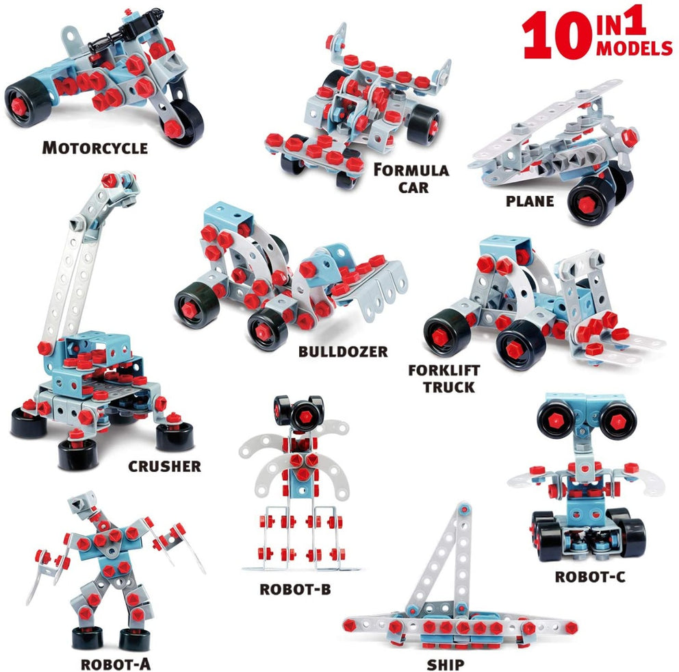 DIY Junior Mechanic Tool Kit Blocks with Simulation Drill - 10 in 1 Models Create More Shapes with 286 Blocks Screw.