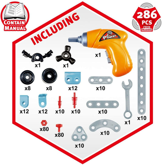 DIY Junior Mechanic Tool Kit Blocks with Simulation Drill - 10 in 1 Models Create More Shapes with 286 Blocks Screw.