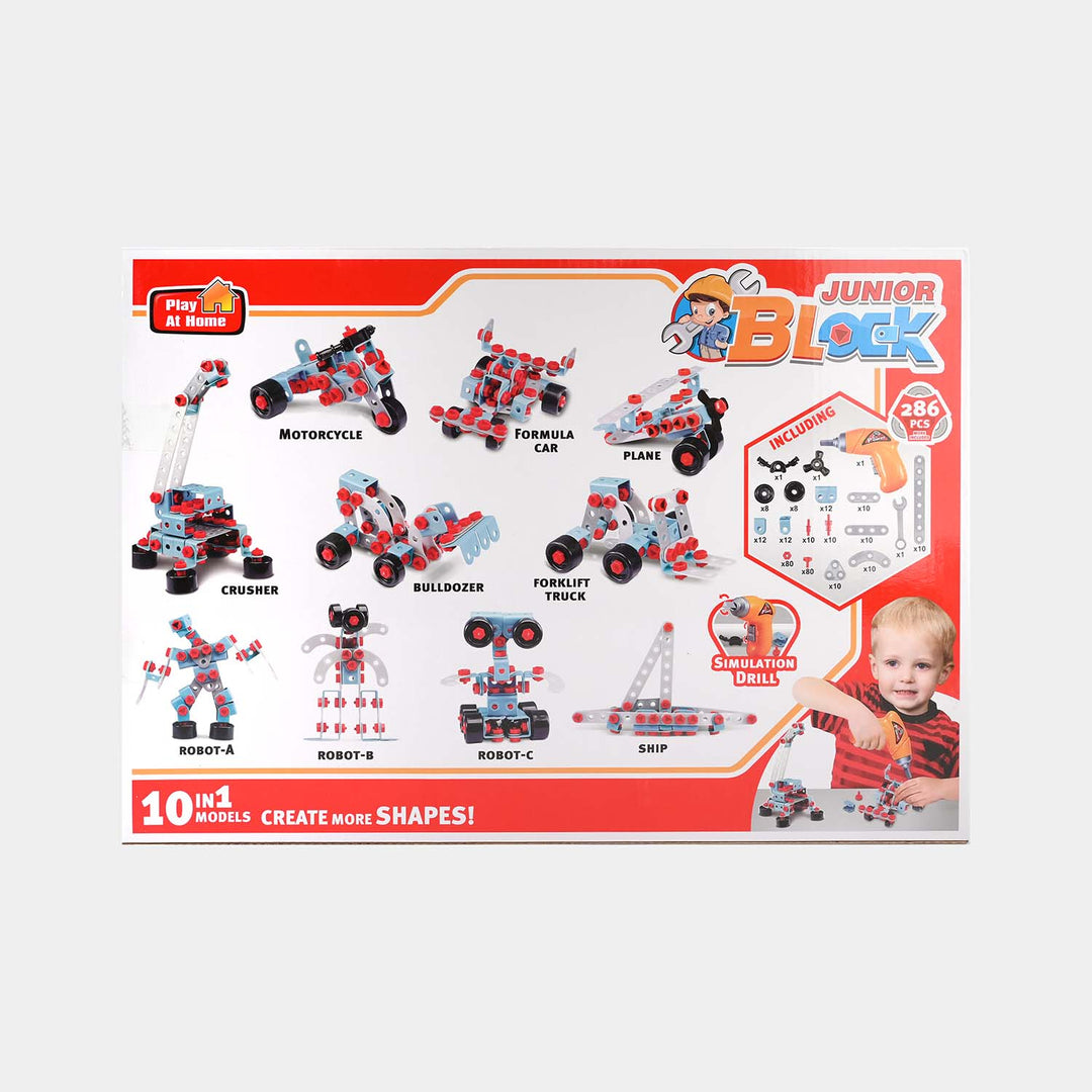 DIY Junior Mechanic Tool Kit Blocks with Simulation Drill - 10 in 1 Models Create More Shapes with 286 Blocks Screw.