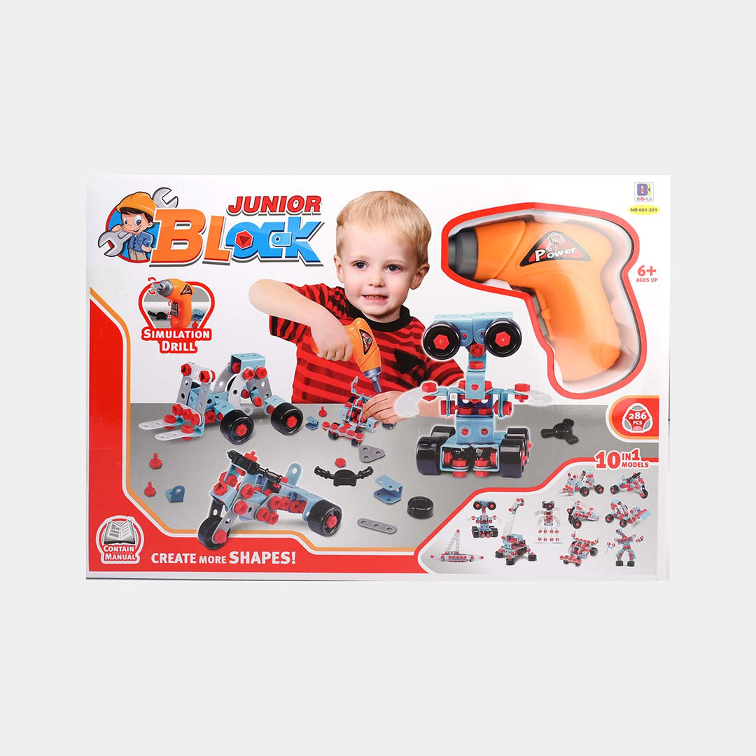 DIY Junior Mechanic Tool Kit Blocks with Simulation Drill - 10 in 1 Models Create More Shapes with 286 Blocks Screw.