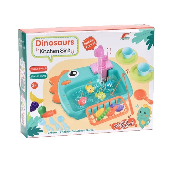 Kids Dinosaur Kitchen Sink Toy with Electric Water Faucet – 22PCS Pretend Play Set