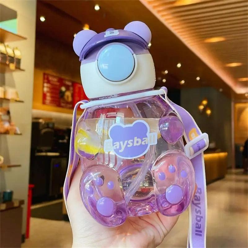 Bear-Shaped Transparent Kids' Water Bottle with Straw and Strap - 750ml