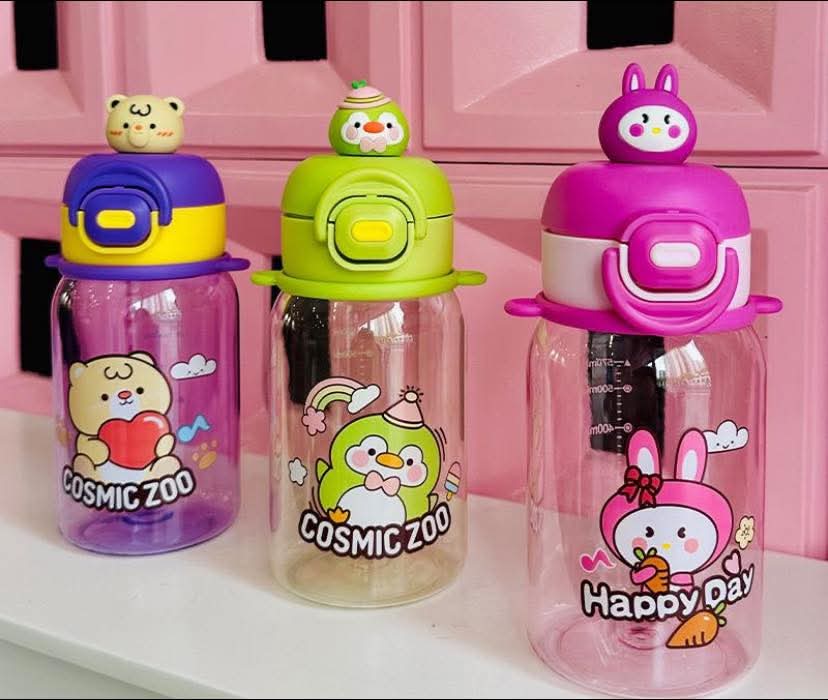 Cute Water Bottle 600 Ml Sipper Portable with Straw- purple