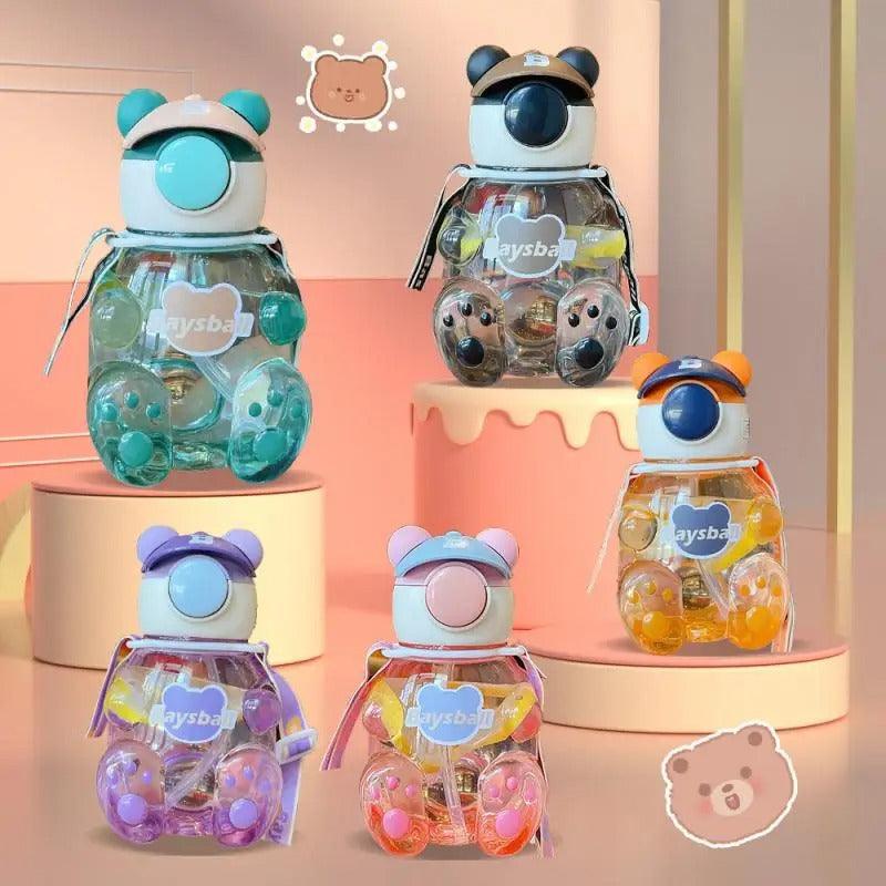 Bear-Shaped Transparent Kids' Water Bottle with Straw and Strap - 750ml