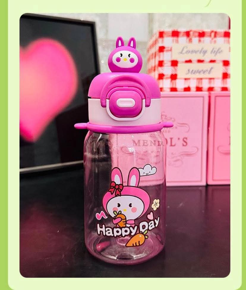 Cute Water Bottle 600 Ml Sipper Portable with Straw- PINK