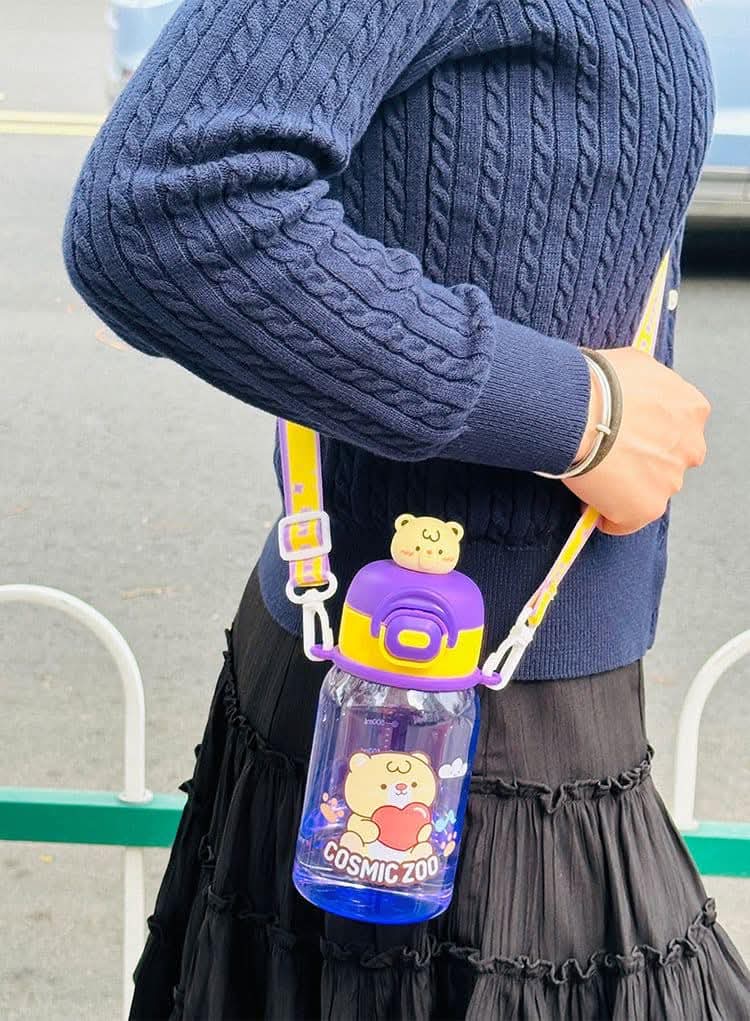 Cute Water Bottle 600 Ml Sipper Portable with Straw- purple