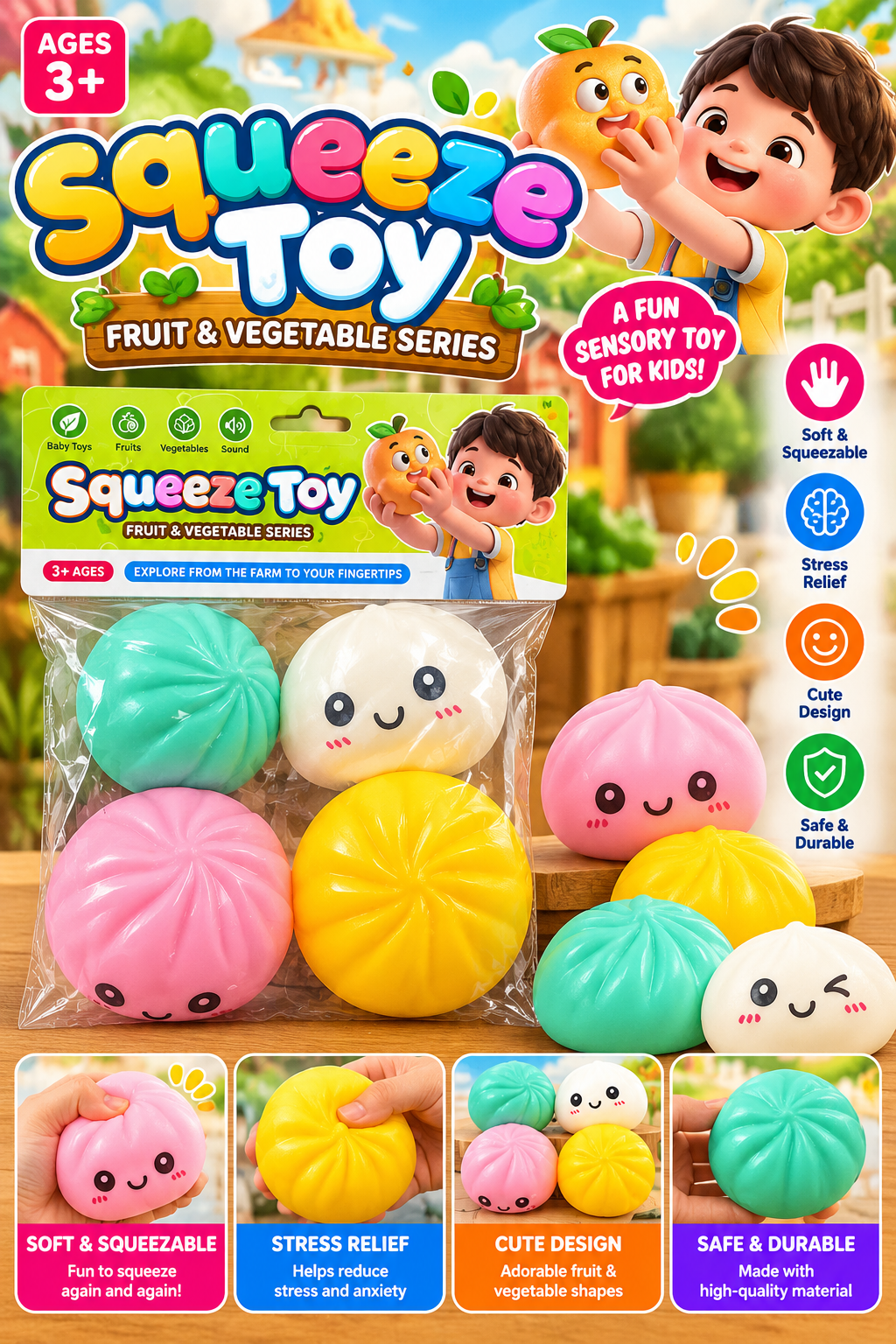 Four colorful fruit and vegetable series squeeze toys in pink, yellow, mint green and white with cute smiling faces, packaged as a sensory toy set for kids