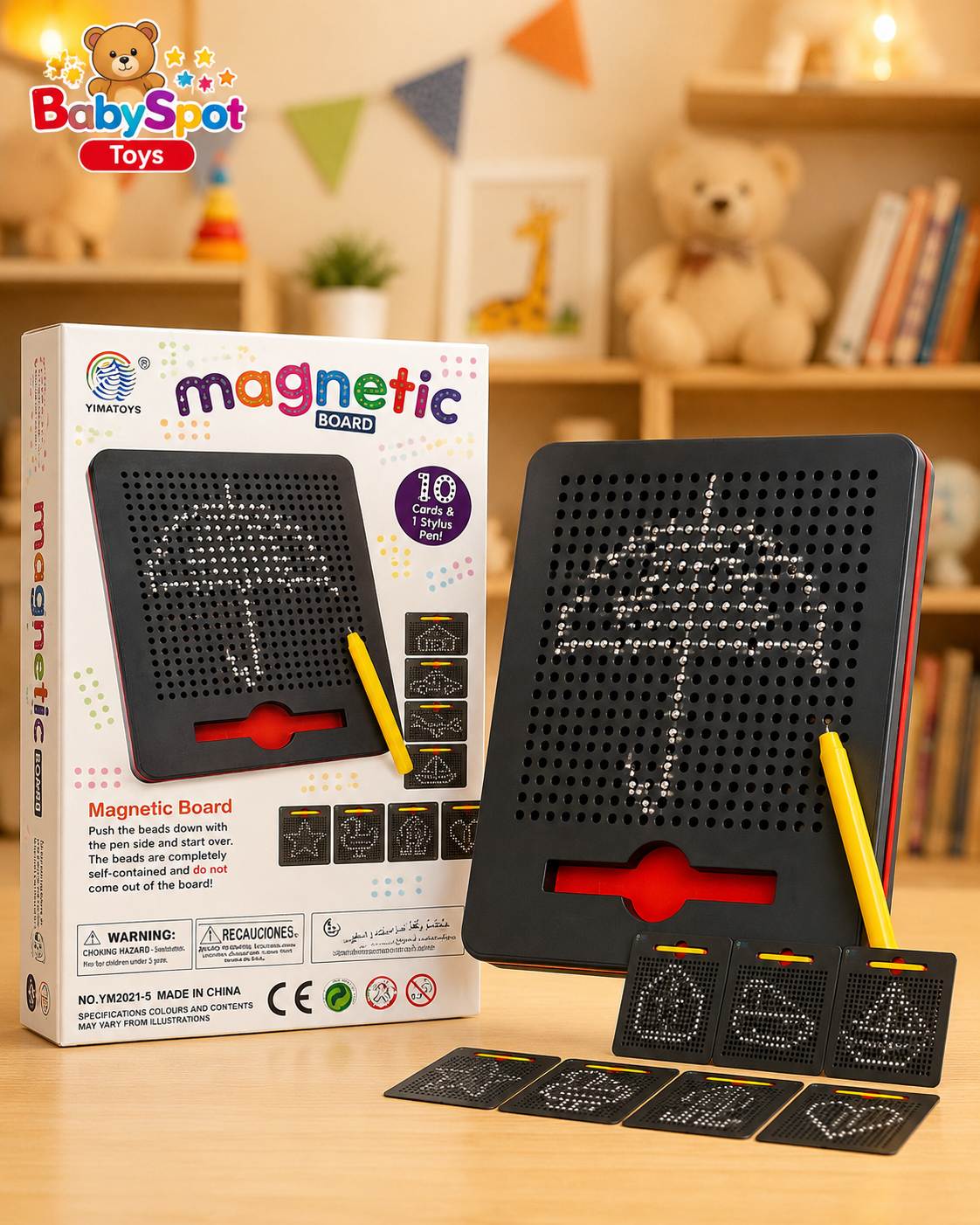 BabySpot Toys magnetic board activity set shown with its retail box, a black magnetic board featuring a white umbrella design, yellow drawing sticks, and small printed cards on a tabletop in a softly lit room.