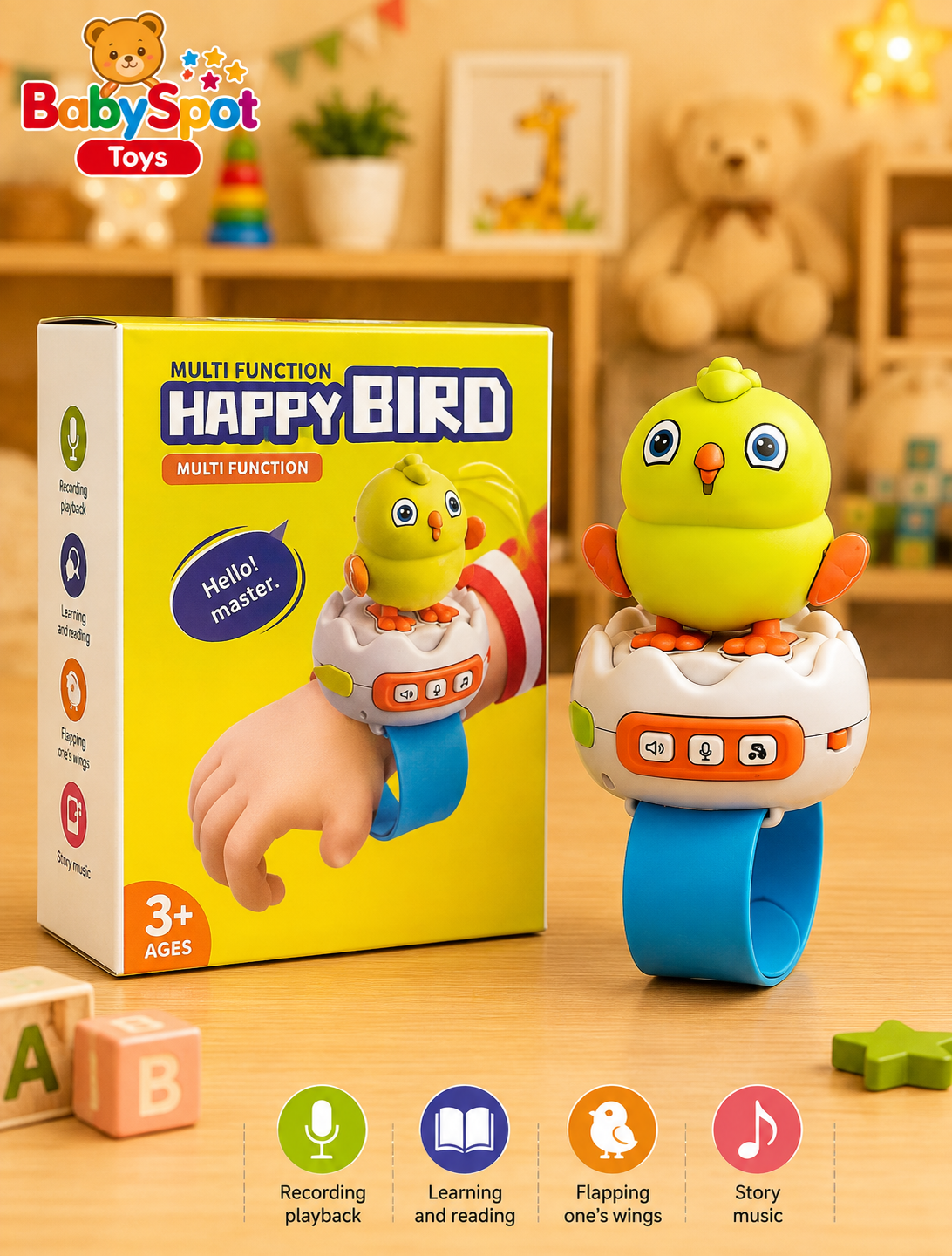 A Baby Spot Toys 'Happy Bird' multi-function wrist tracker toy shown next to its yellow retail packaging box. The toy features a bright yellow bird character on a white and blue wrist strap, set against a warm, blurred toy store background with wooden shelves and blocks.