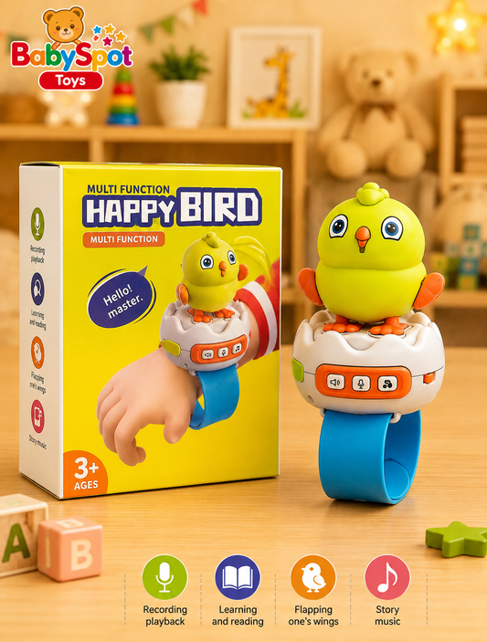 A Baby Spot Toys 'Happy Bird' multi-function wrist tracker toy shown next to its yellow retail packaging box. The toy features a bright yellow bird character on a white and blue wrist strap, set against a warm, blurred toy store background with wooden shelves and blocks.