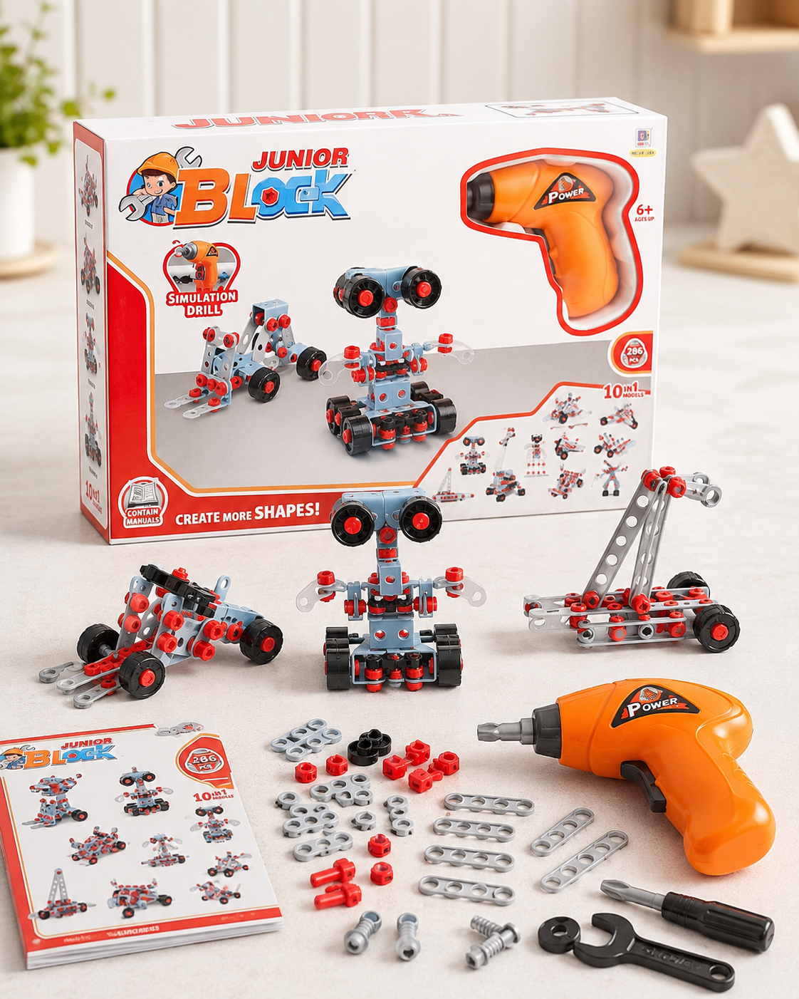 286-piece DIY junior mechanic tool kit with drill
