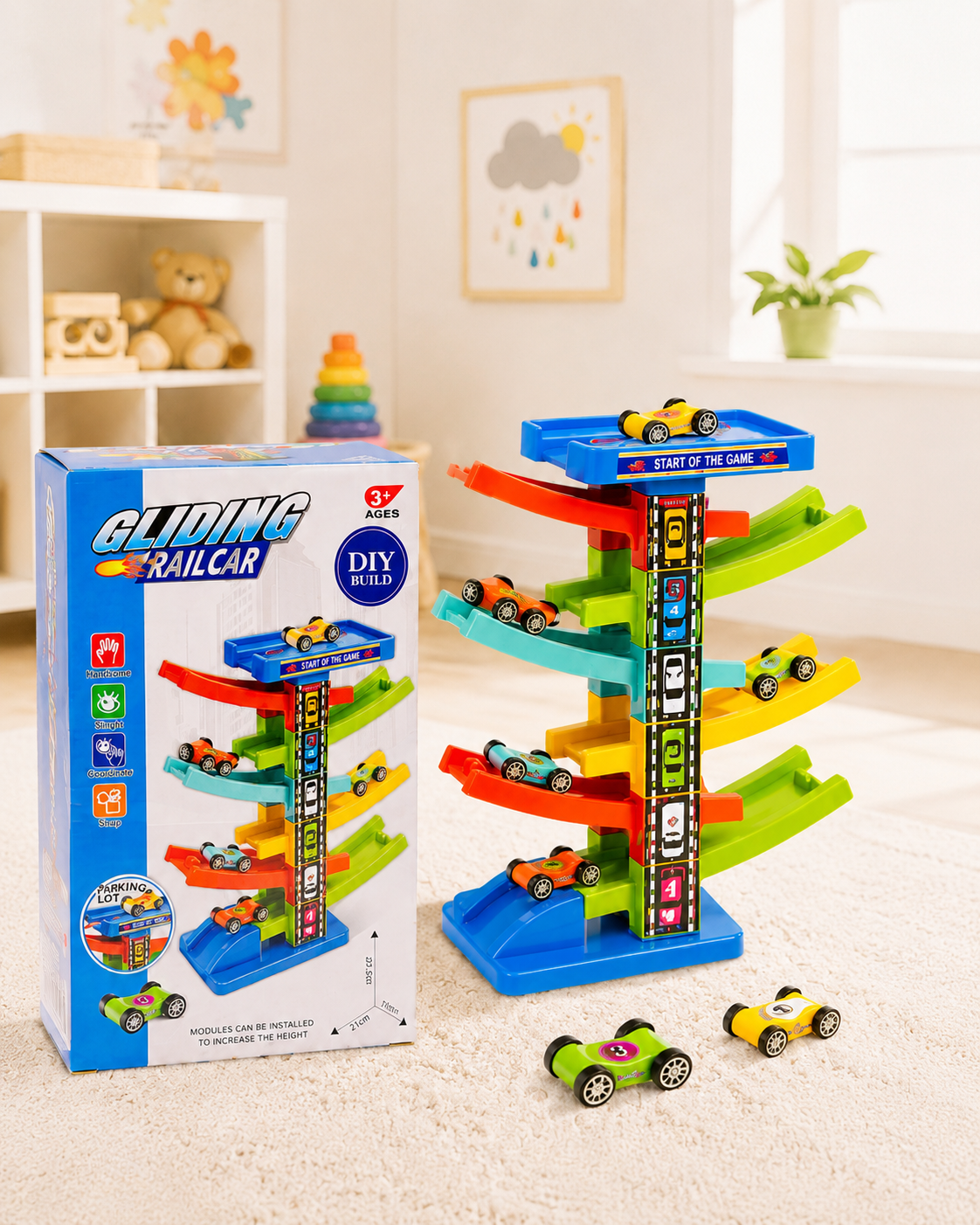 Toddler Car Ramp Toy with 6 Ramps and 8 Mini Cars for Racing Fun