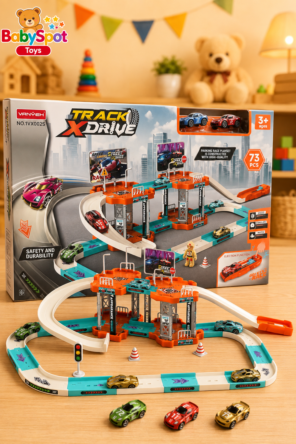 BabySpot Track X Drive toy set with a multi-level race track, small toy cars, 