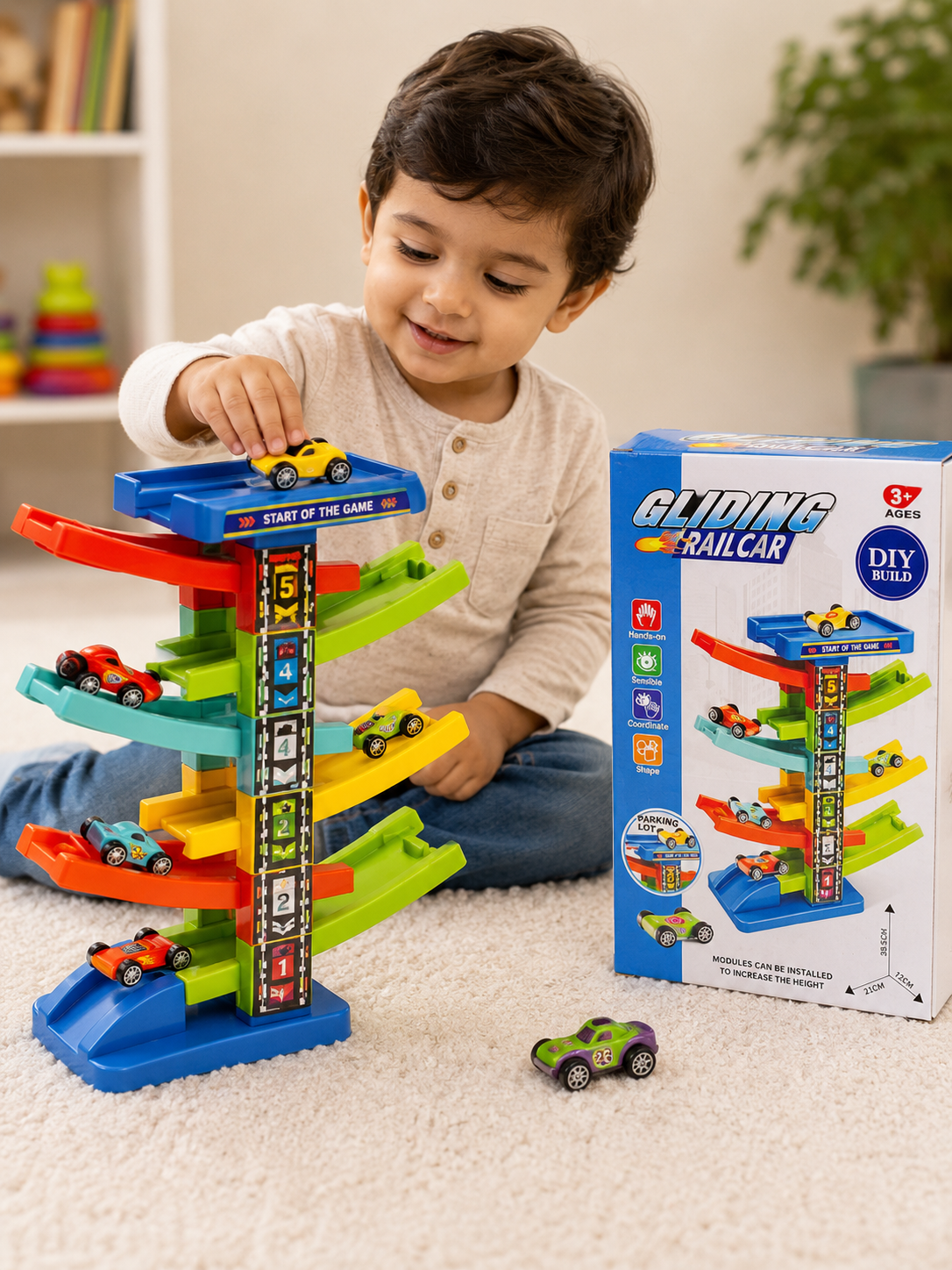 Toddler Car Ramp Toy with 6 Ramps and 8 Mini Cars for Racing Fun