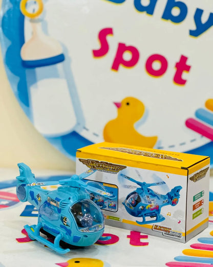 Rotating helicopter toy with spinning blades, lights and sound