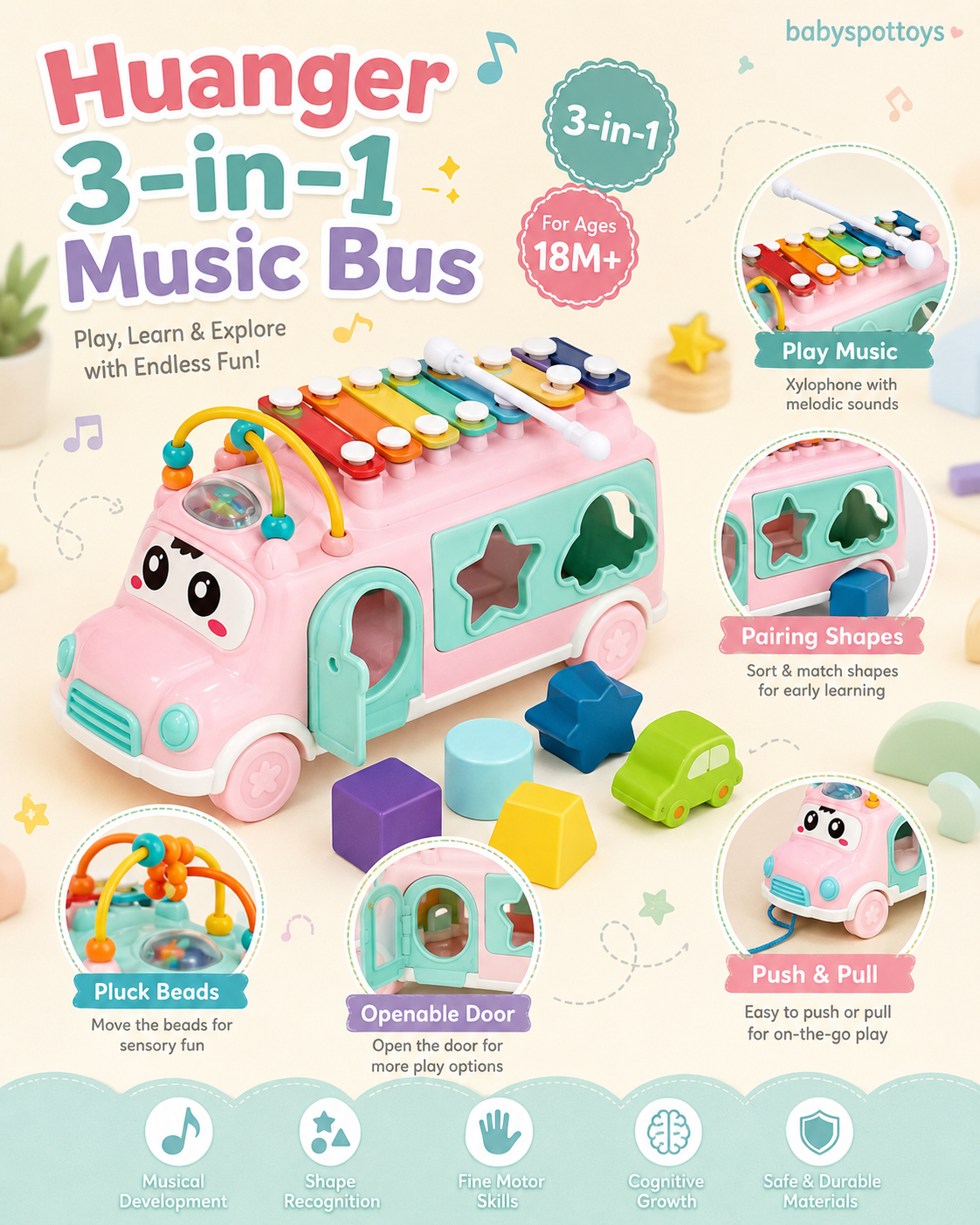 Huanger 3-in-1 musical xylophone bus toy