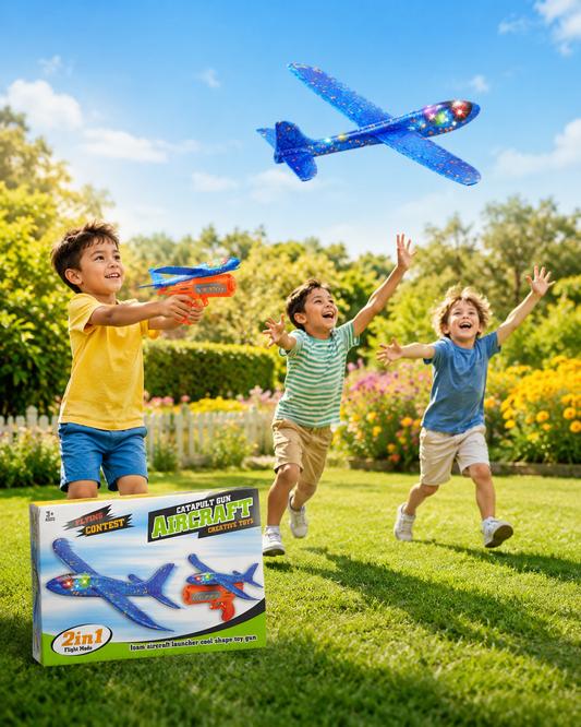 LED Airplane Launcher Gun Toy for Kids – Flying Glider Catapult Plane with Lights