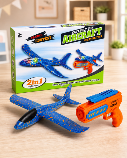 LED Airplane Launcher Gun Toy for Kids – Flying Glider Catapult Plane with Lights
