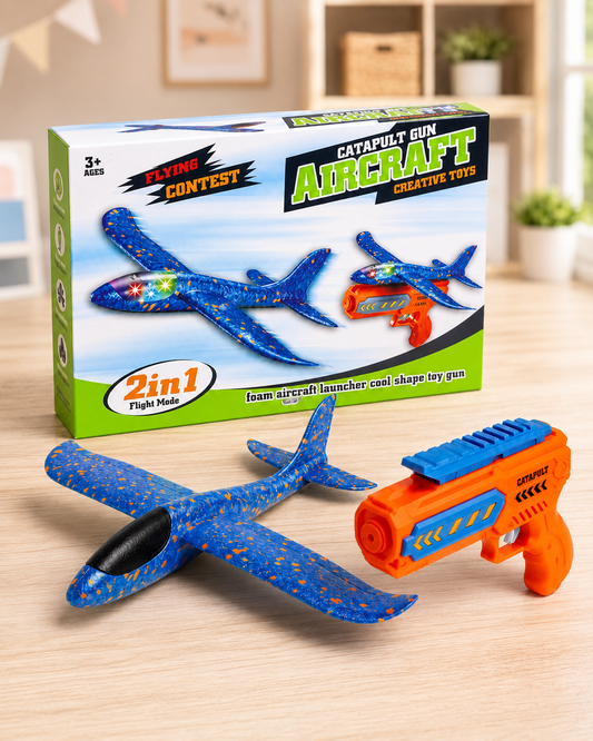 LED Airplane Launcher Gun Toy for Kids – Flying Glider Catapult Plane with Lights
