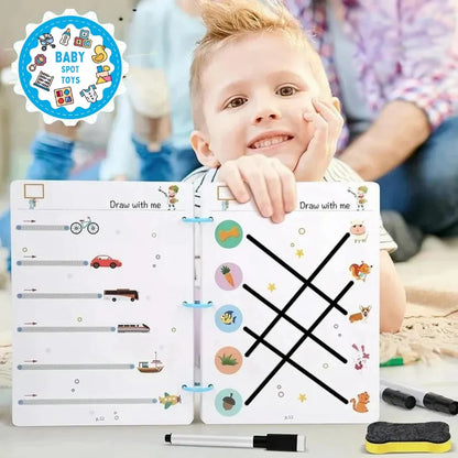 64-page reusable tracing workbook for kids with markers