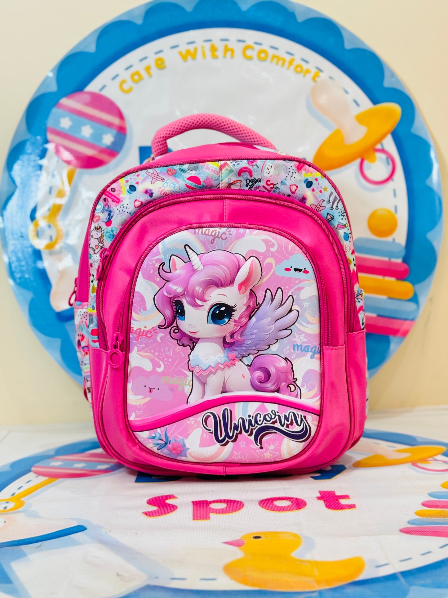 16-Inch Unicorn-Themed School Bag – Perfect for Little Dreamers on the Go! 🦄✨

Let your child step into a world of magic with this 16-inch unicorn-themed school bag! Designed for kids who love fantasy and adventure, this backpack features a spacious main compartment to store books, notebooks, and other essentials with ease. A front pocket keeps smaller items organized, while two mesh side pockets provide space for water bottles or snacks.

🌈 Why Kids Love It?
✅ Spacious & Organized – Plenty of room for sc