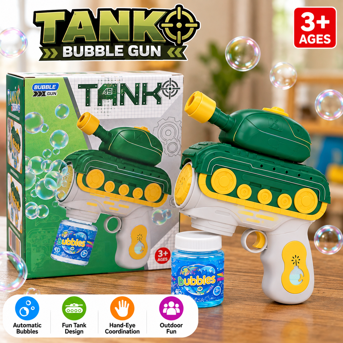 Tank Bubble Gun for Kids - Green Bubble Blaster Toy