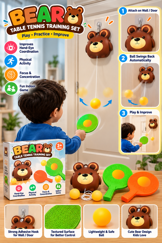 Bear table tennis training set for kids with bear wall mount, hanging yellow ball, and green and orange paddles