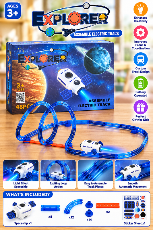 Explorer Electric Space Track Toy 48-piece set with blue loop track and spaceship vehicle for kids aged 3 and above.