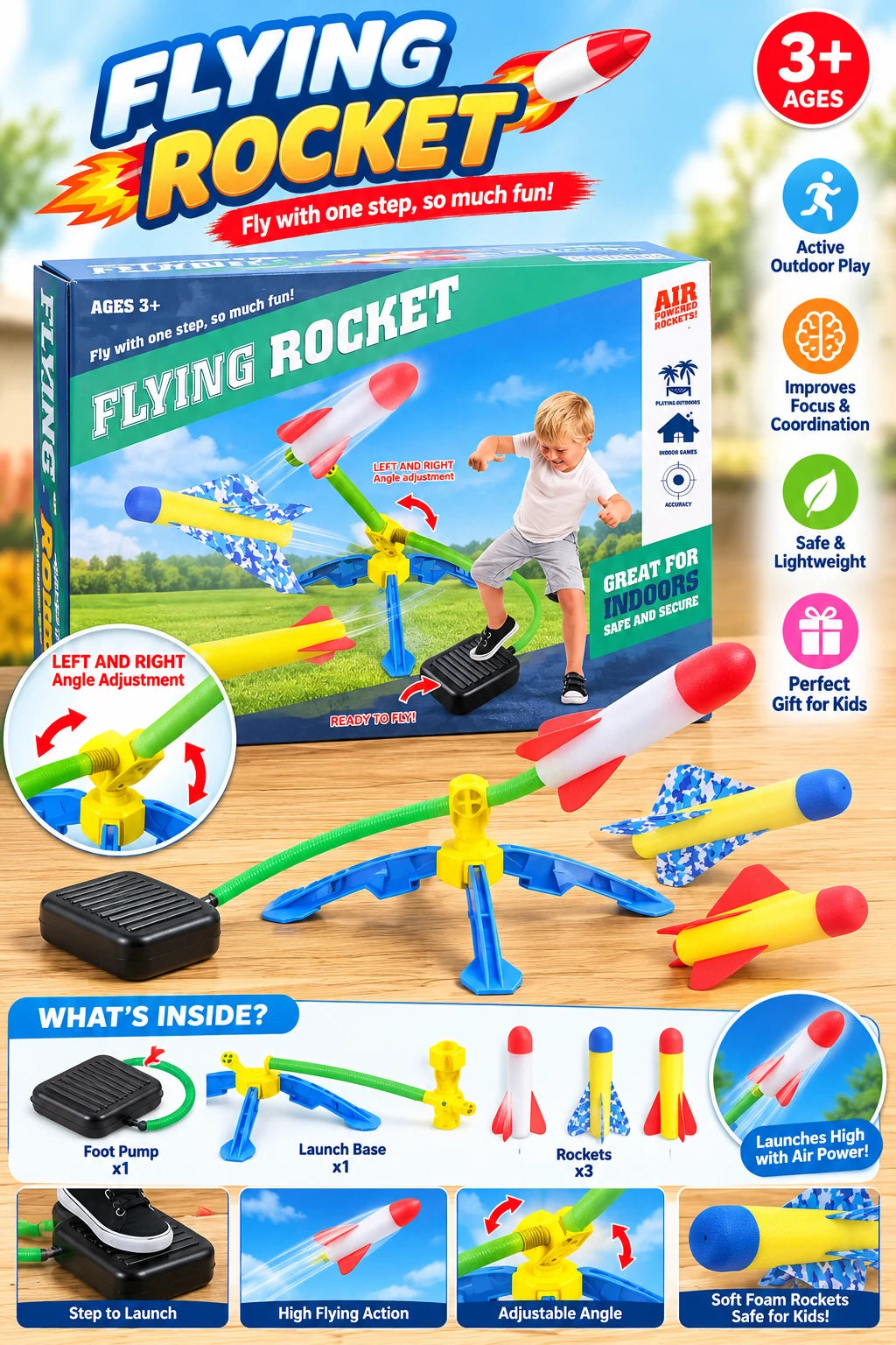 Flying rocket toy launcher set with colorful foam rockets and foot pump for kids aged 3 years and above