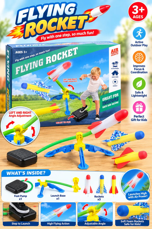Flying rocket toy launcher set with colorful foam rockets and foot pump for kids aged 3 years and above