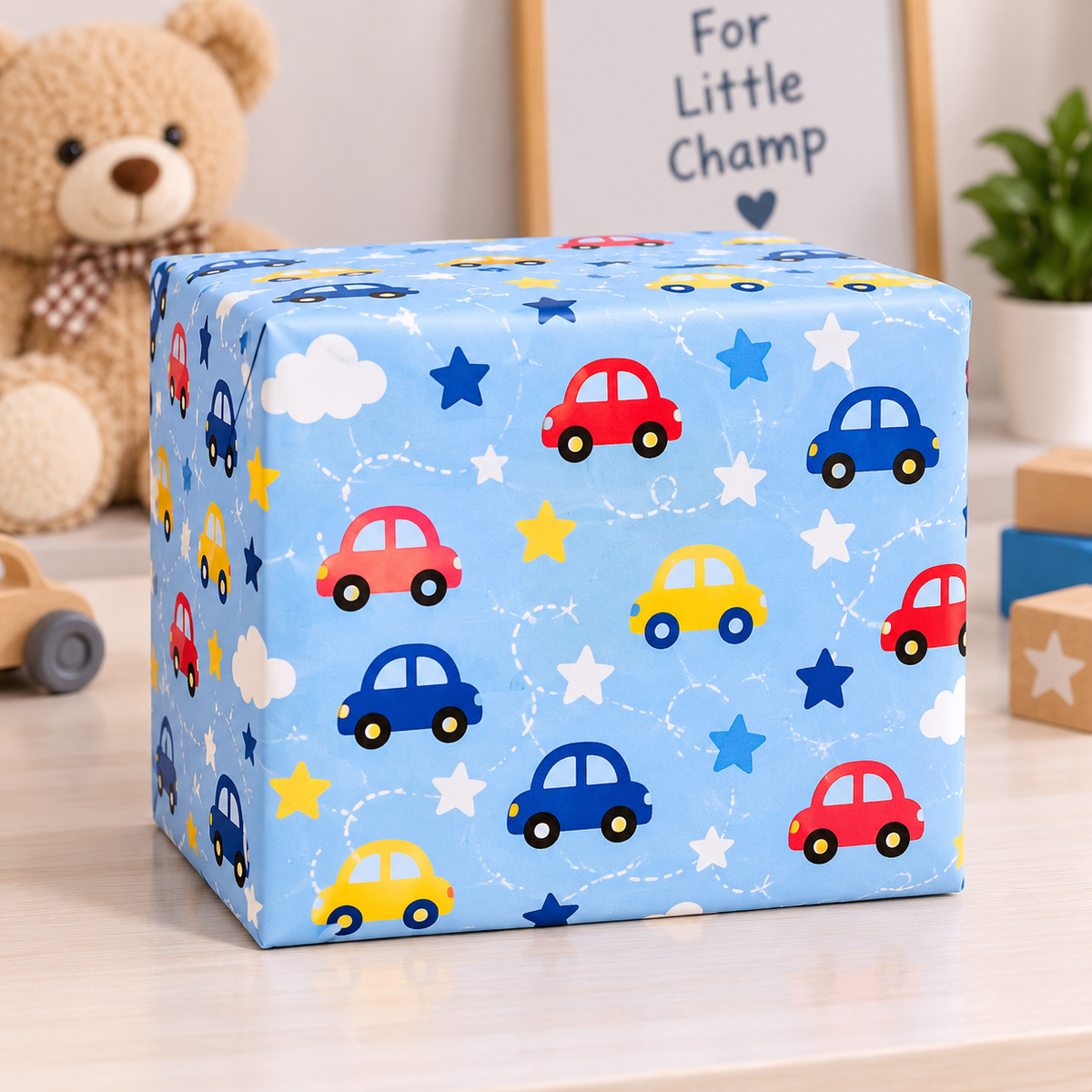 Blue car themed gift wrapping paper for boys