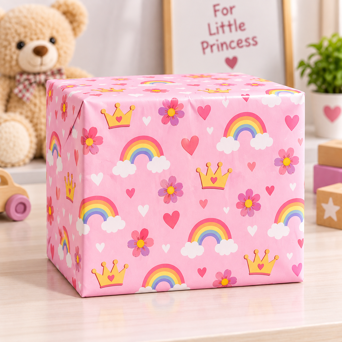 Pink rainbow themed gift wrapping paper for girls