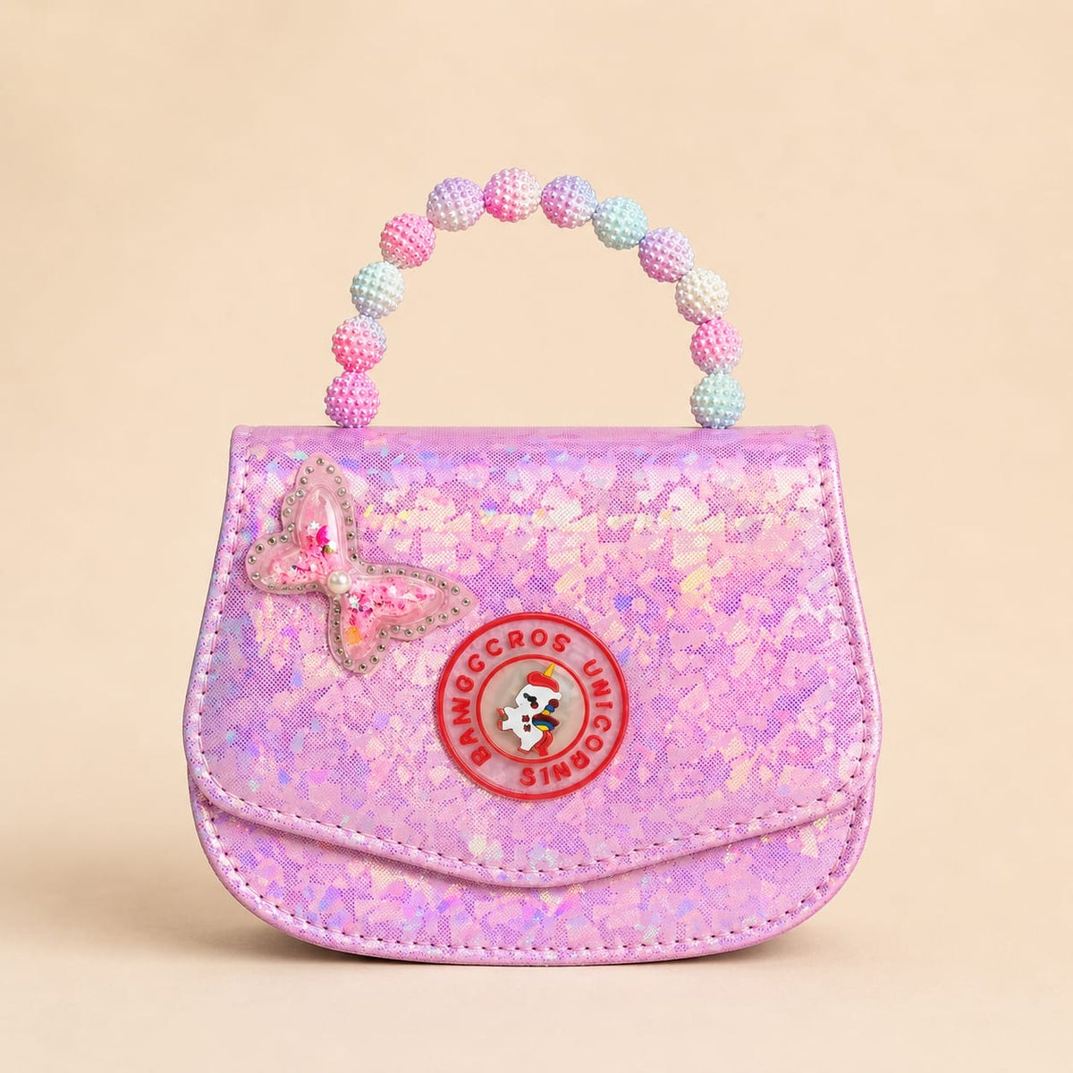 Pink glitter beaded girls handbag with butterfly detail
