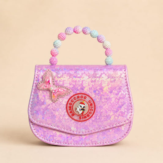 Pink glitter beaded girls handbag with butterfly detail