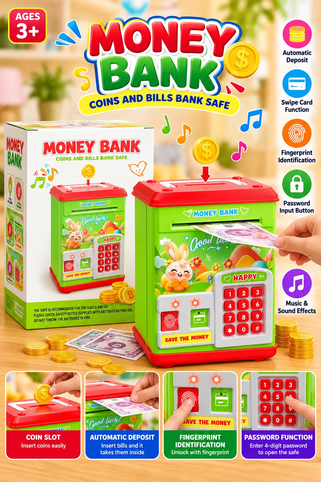 Kids electronic money bank safe in green and red with coin slot, bill deposit, fingerprint scanner and password keypad