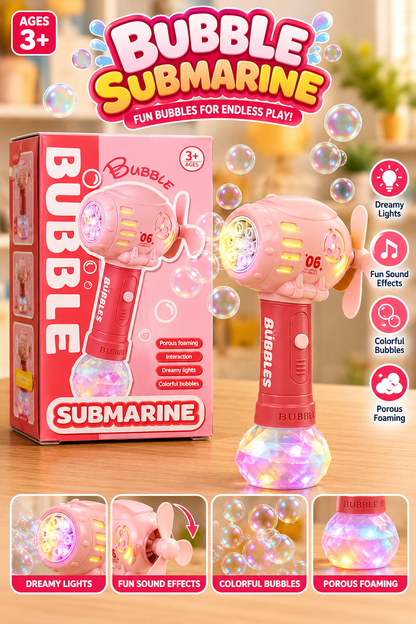 Pink submarine bubble maker toy for kids with colorful bubbles, glowing lights and sound effects.