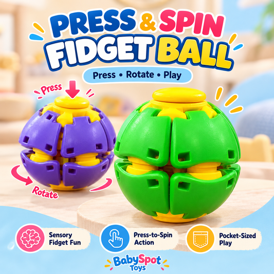 Press and spin fidget ball sensory toy in green yellow and purple yellow colors for kids