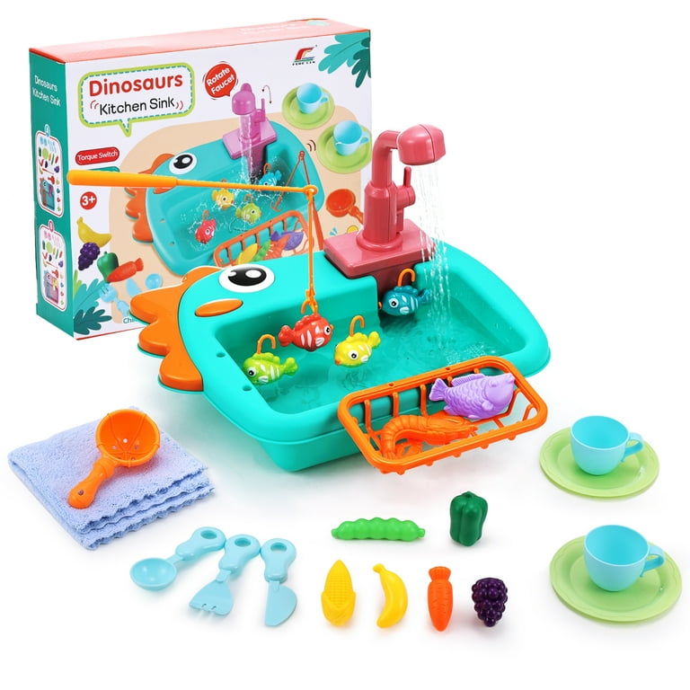 Kids Dinosaur Kitchen Sink Toy with Electric Water Faucet – 22PCS Pretend Play Set