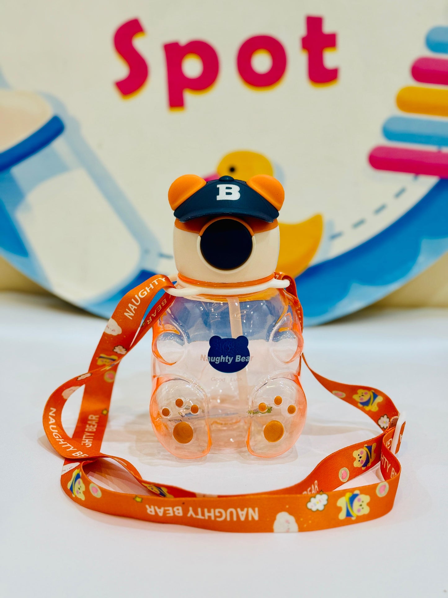 Bear-Shaped Transparent Kids' Water Bottle with Straw and Strap - 750ml