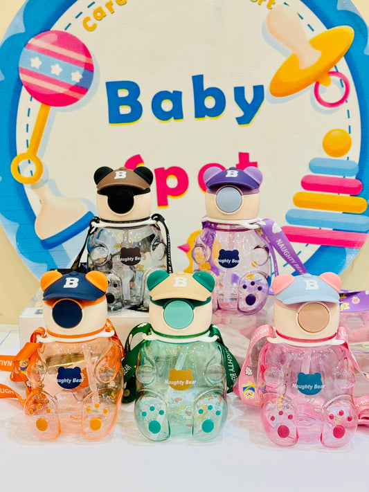 Bear-Shaped Transparent Kids' Water Bottle with Straw and Strap - 750ml