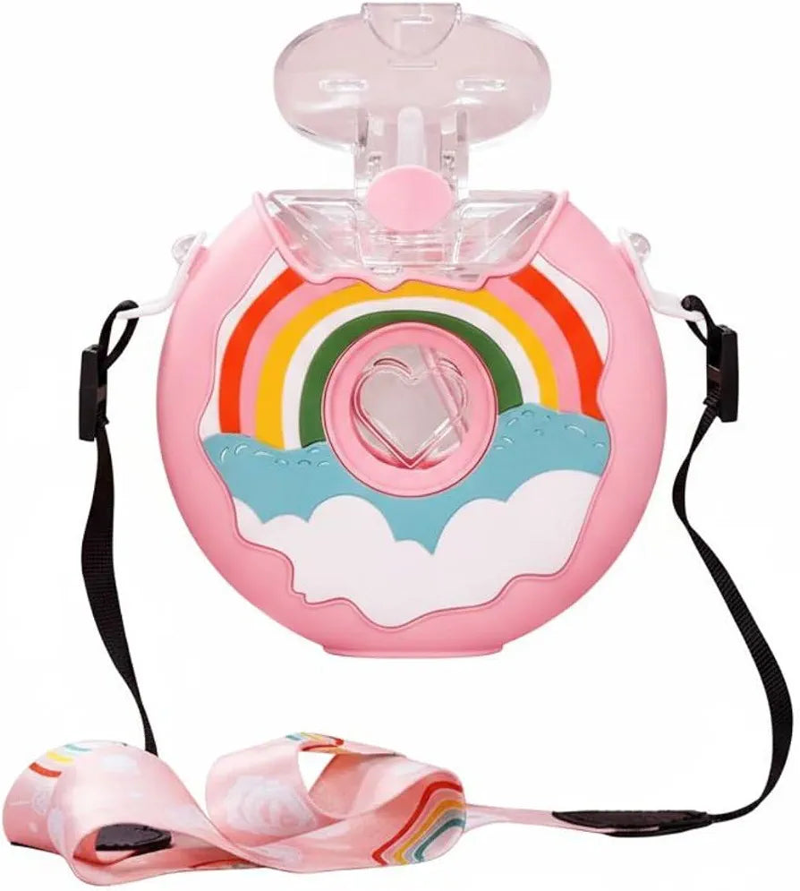 Donut Water Bottle Leak-Resistant Donut Shaped Spout Bottle Kids Straw Bottle with Strap