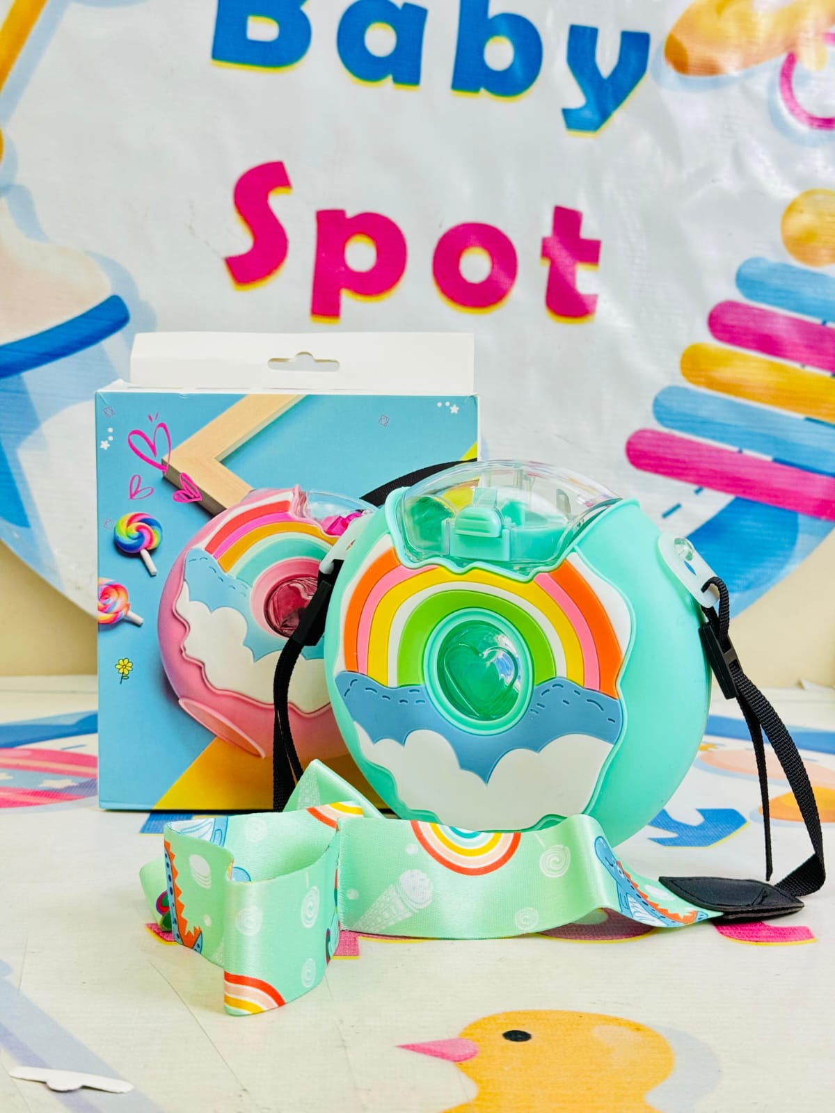 Donut Water Bottle Leak-Resistant Donut Shaped Spout Bottle Kids Straw Bottle with Strap