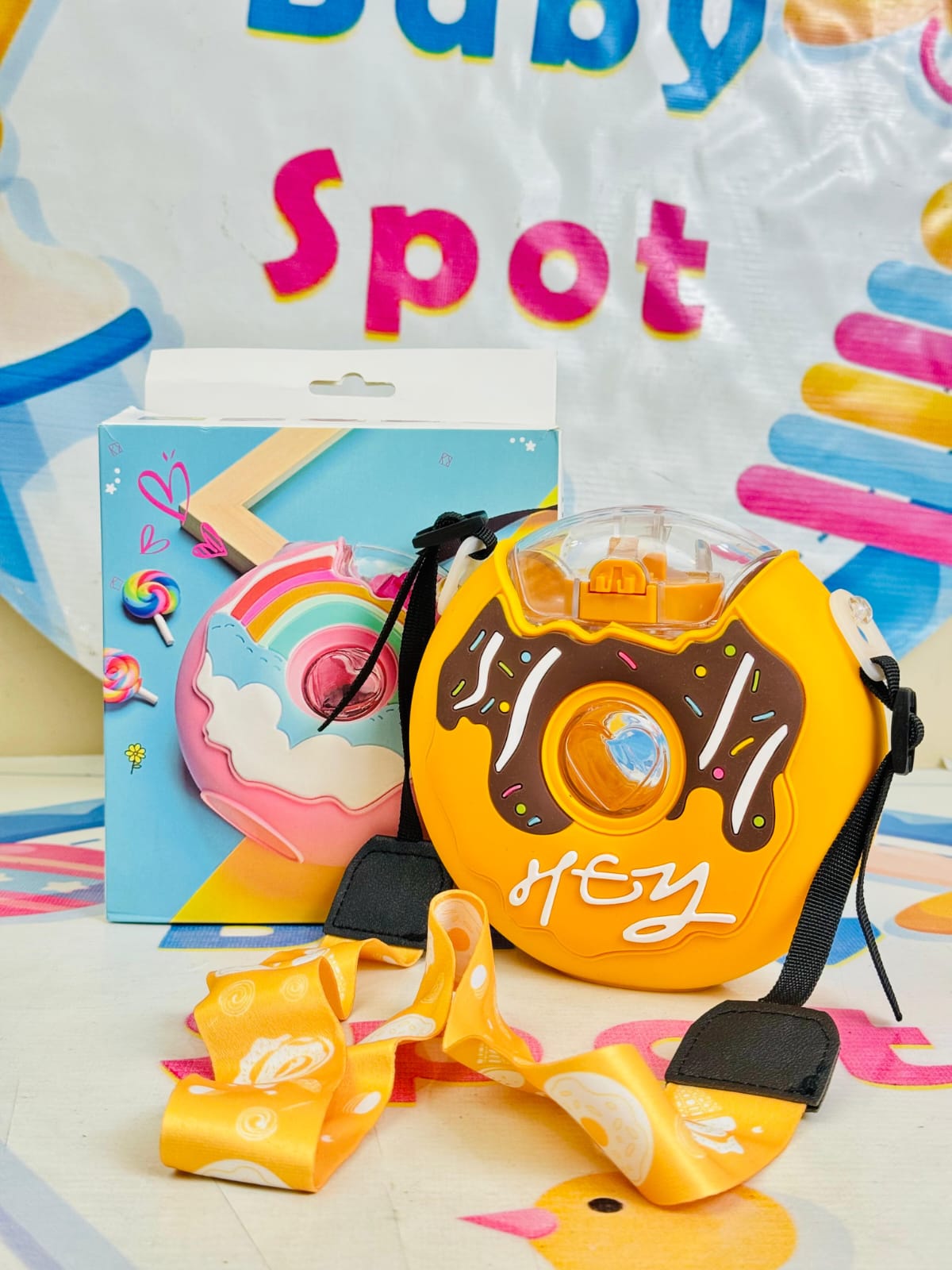 Donut Water Bottle Leak-Resistant Donut Shaped Spout Bottle Kids Straw Bottle with Strap